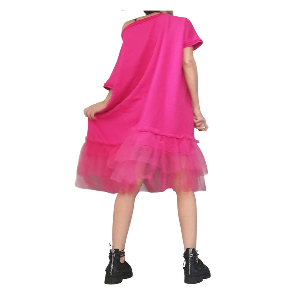 Fuchsia Asymmetrical Tulle Tunic, Cotton Avant Garde Dress, Loose Fit Plus Size Women