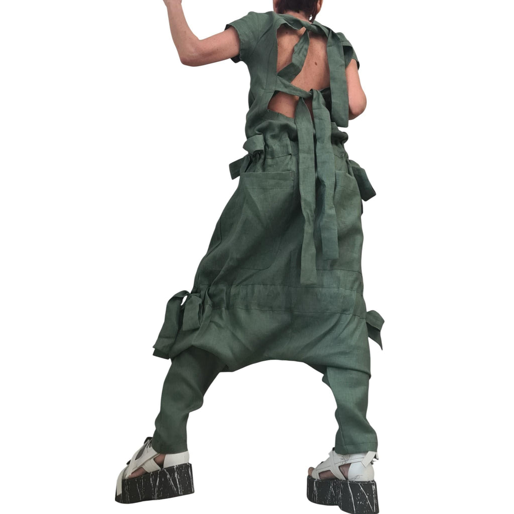 Olive Oil Asymmetric Linen Woman Jumpsuit, Wide Leg Harem Sleeveless Loose Overall