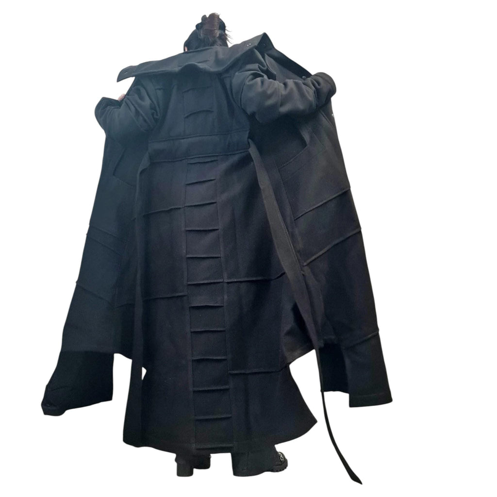 Black Hooded Asymmetric Coat, Oversized Long Winter Jacket, Wrap Belt Closure
