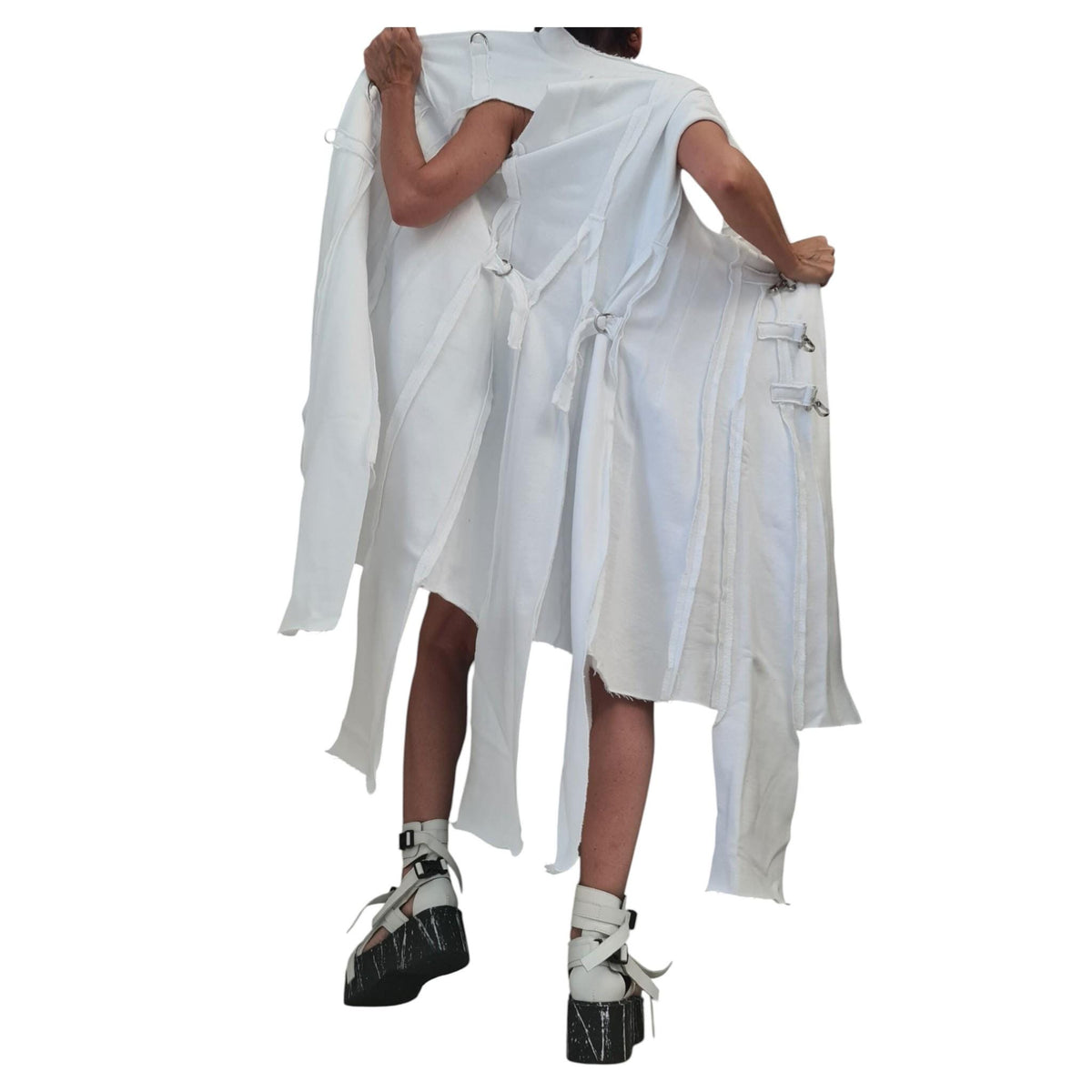 White Asymmetrical Maxi Vest, Sleeveless Cotton Longline Top, Buckle Straps