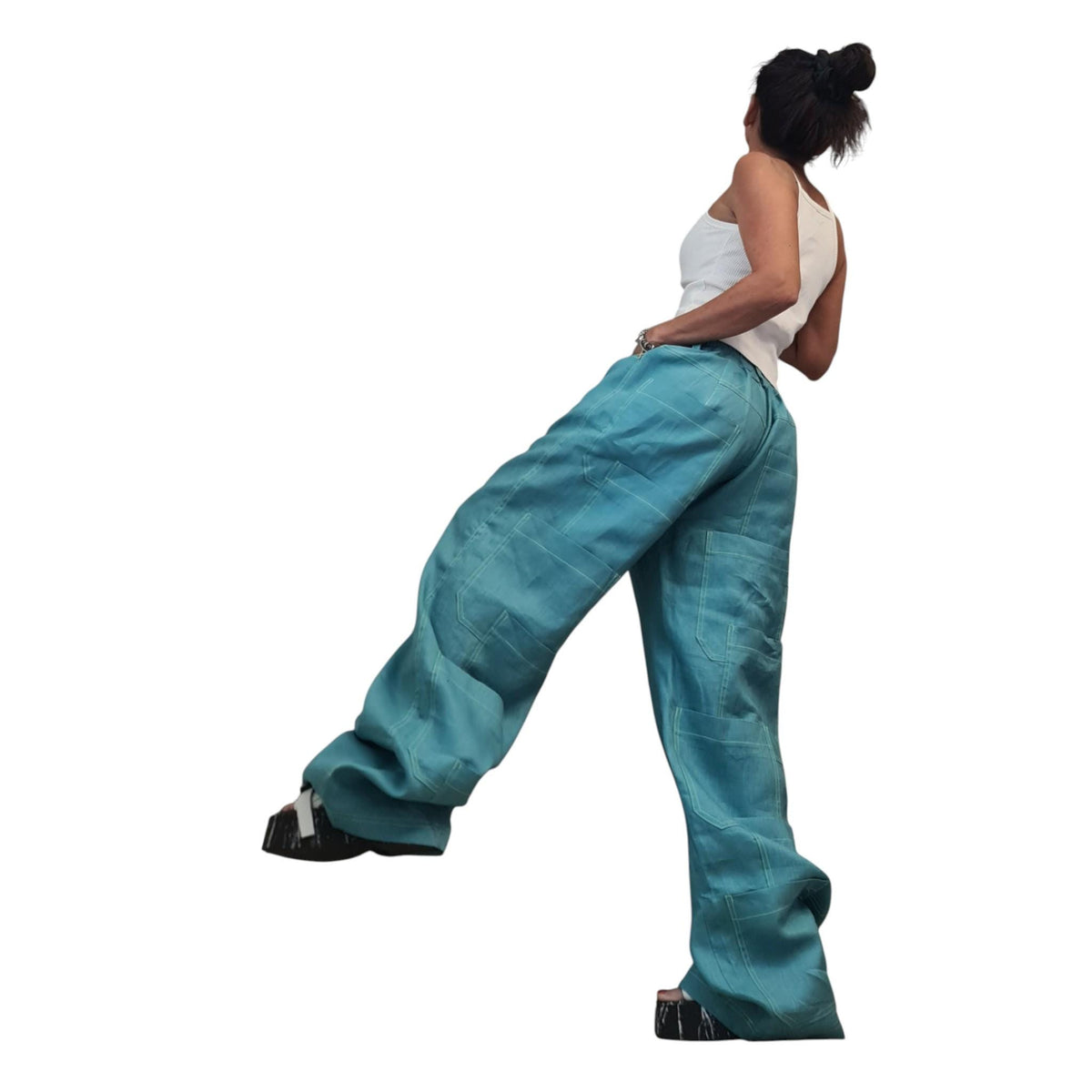 Petrol Blue Wide Leg Pants, Linen Palazzo, Boho Trousers, Designer Pocket Detail