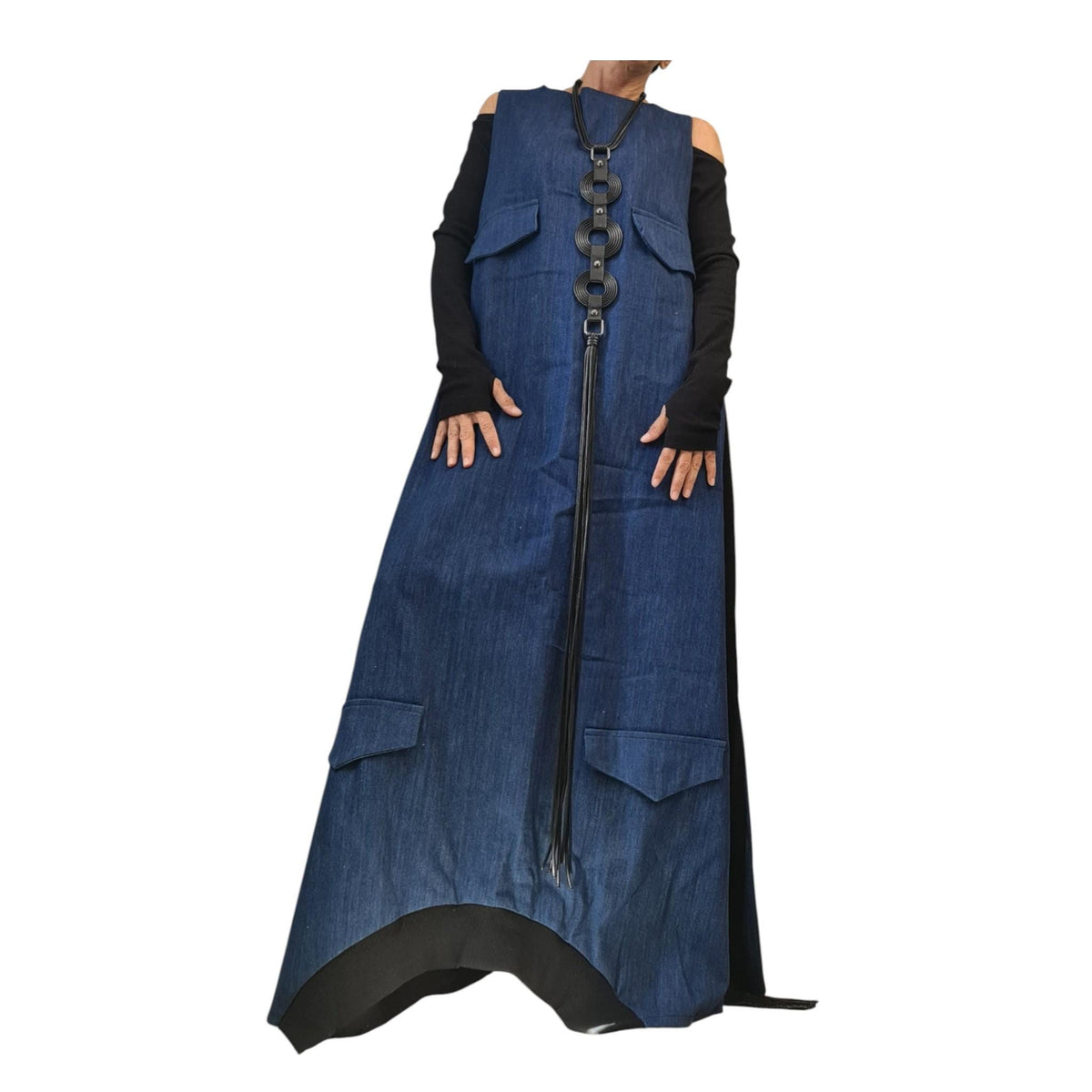 Denim Maxi Dress, Cargo Sleeveless Asymmetric Dress