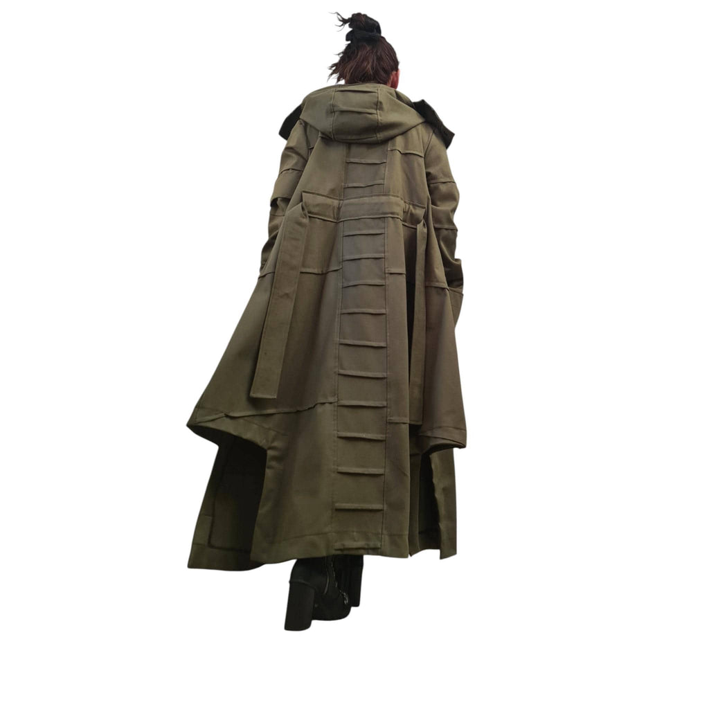 Military Green Denim Hooded Trench Coat, Asymmetrical Avant Garde Overcoat, Denim Outfit for Women