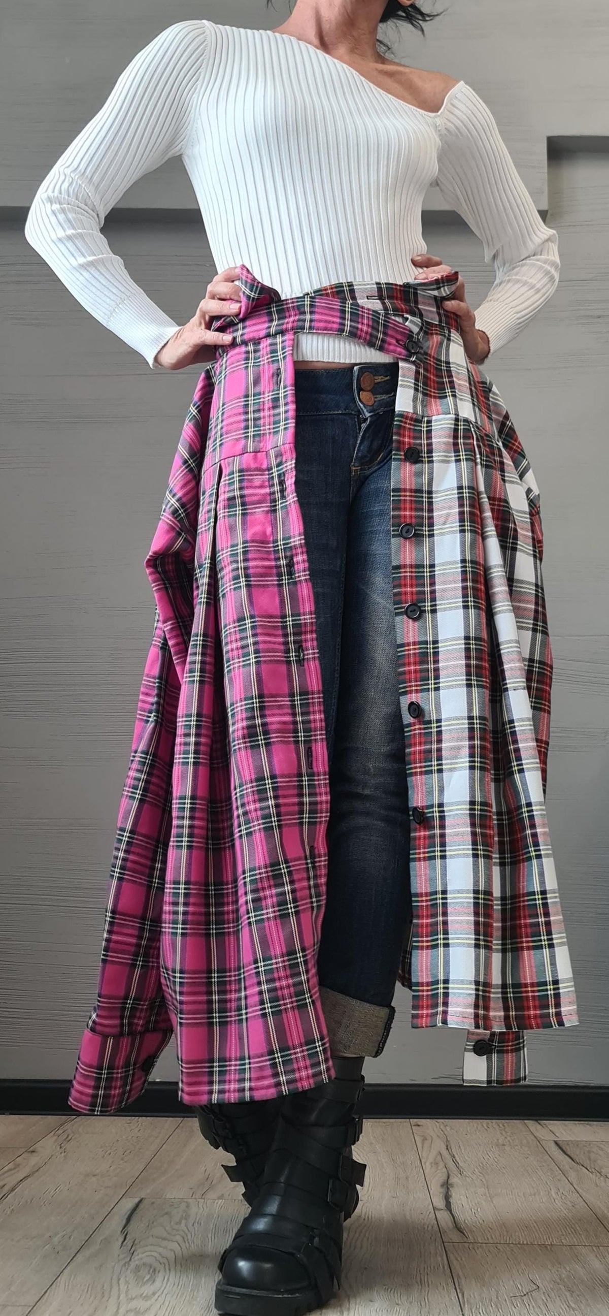 Deconstructed Plaid Cotton Tunic, Asymmetric Avant Garde Shirt, Women’s Clothing