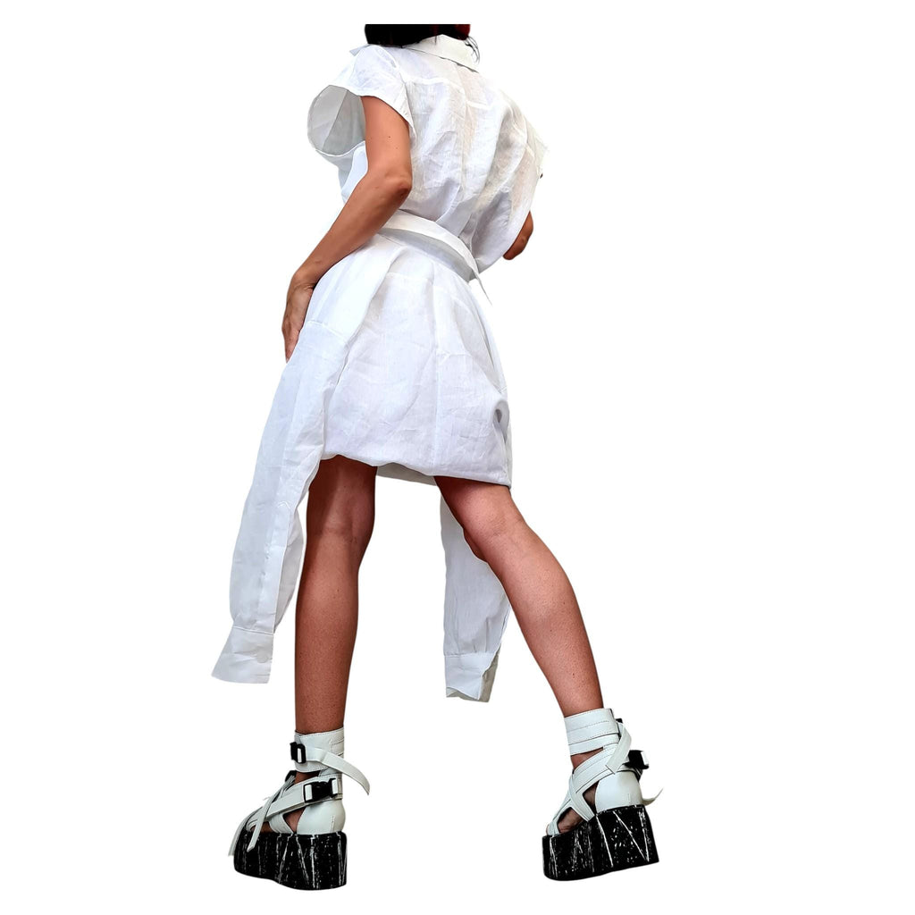 White Linen Deconstructed Shirt Dress, Convertible Tunic, Handmade Asymmetric Top, Women’s Clothing