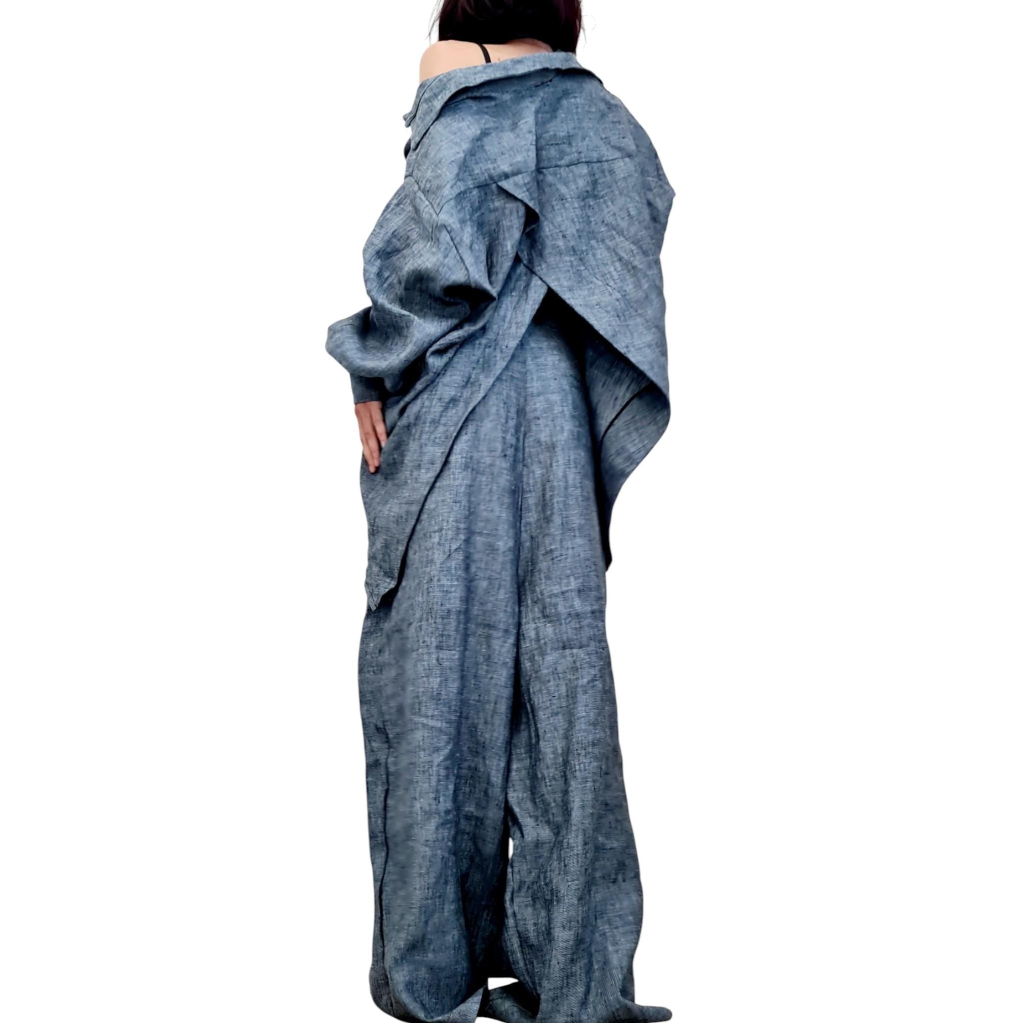 Denim Linen Shirt, Open Back Top, Asymmetric Off Shoulder Blouse, Avant Garde Style