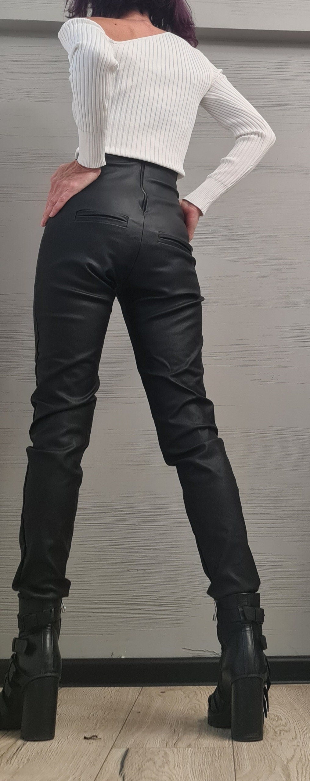Black Faux Leather Skinny Pants, High Waist Trousers, Gothic Fashion