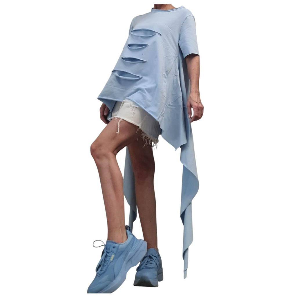 Avant Garde Light Blue Deconstructed Tunic, Asymmetric Loose Blouse, Short Sleeve
