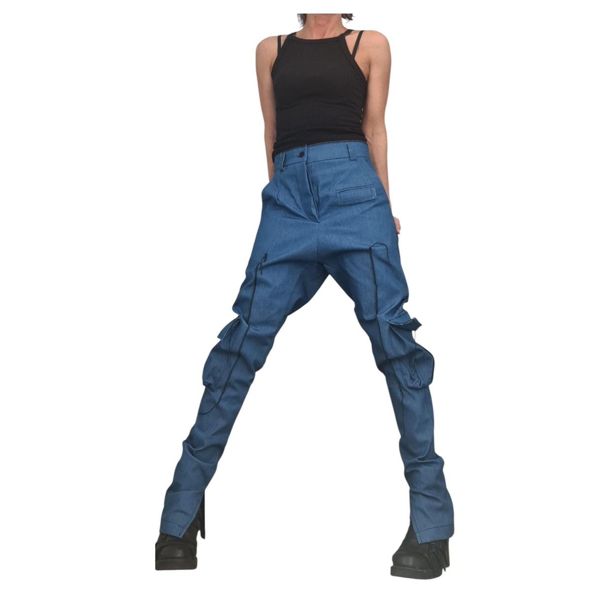 Extravagant Cargo Denim Pants, Fitted Sexy Casual Pants, Outer pockets, New collection