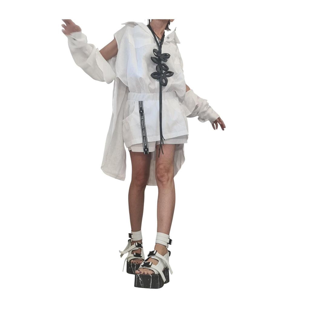 White Linen Two Piece Set, Open Back Shirt and Shorts Skirt