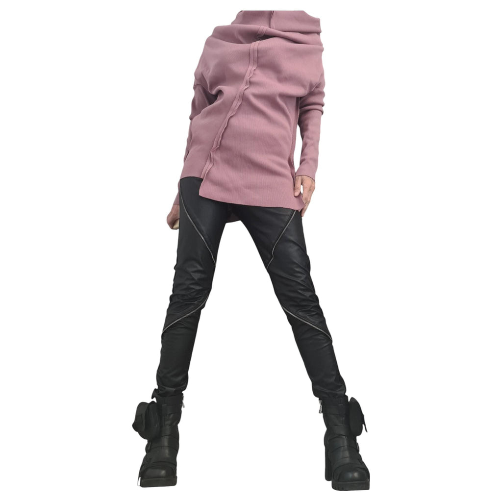 Dusty Rose Plus Size Cotton Blouse, Asymmetric Rib Oversize Blouse, Deconstructed Cut, Long Sleeve