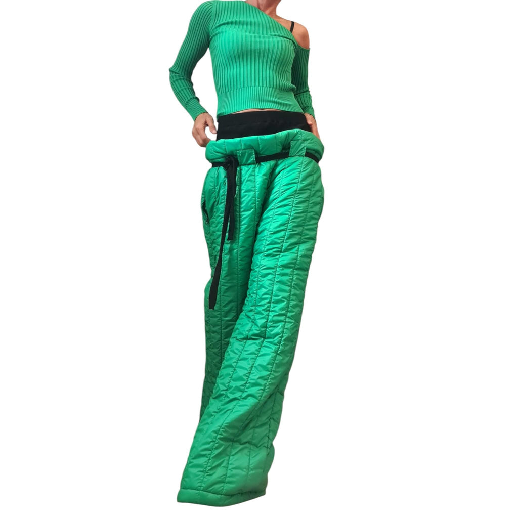 Green Quilted Pants, Wide Leg High Waist Trousers