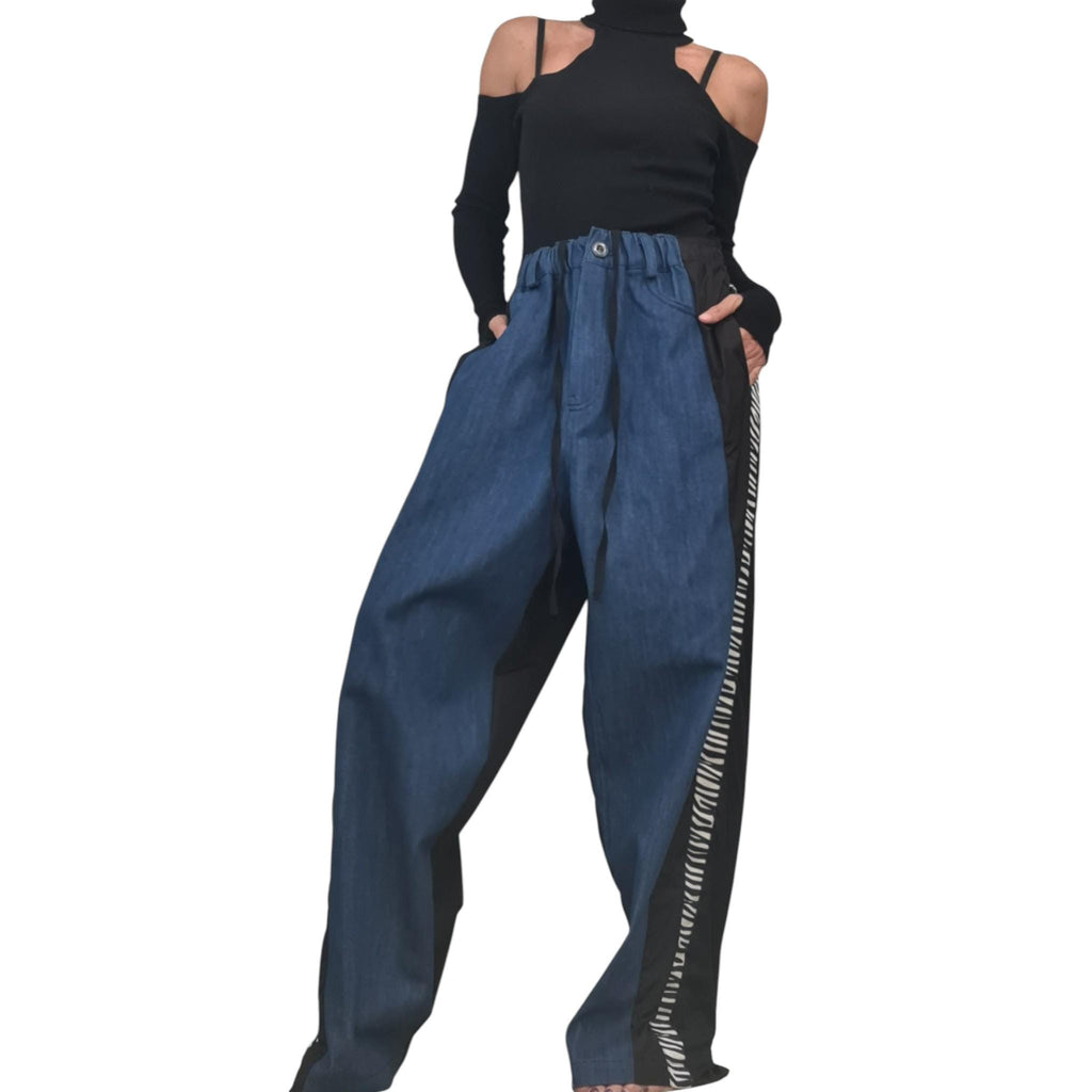 Extravagant Deconstructed Denim Harem Pants, Streetwear Style