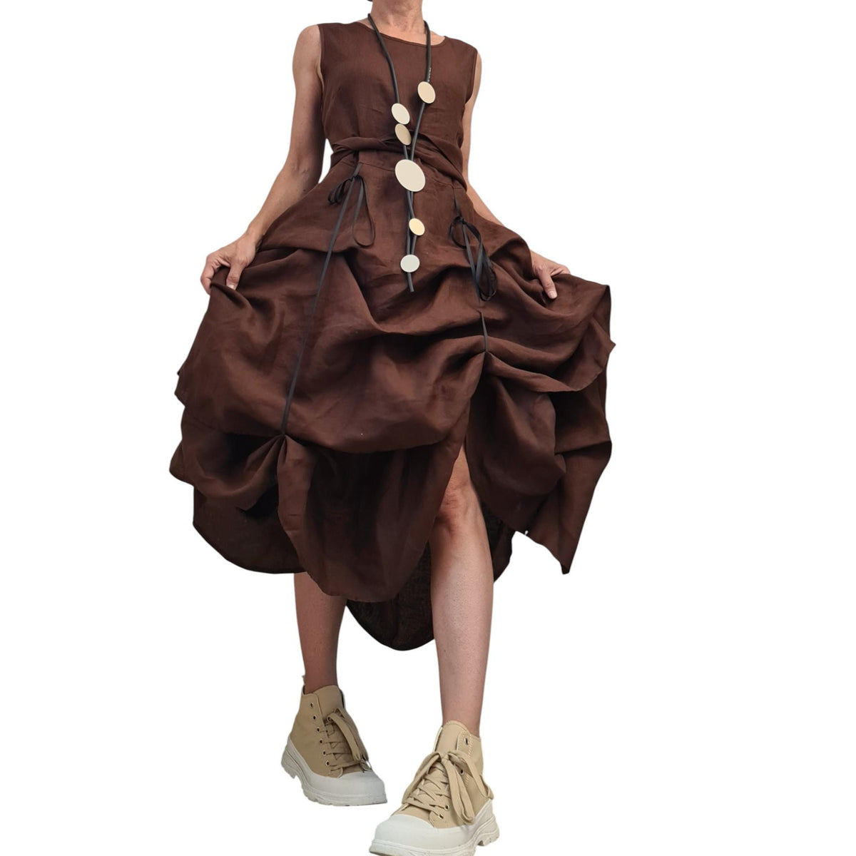 Brown Oversized Linen Ruffle Dress, Asymmetrical Skirt, High-Low Cut