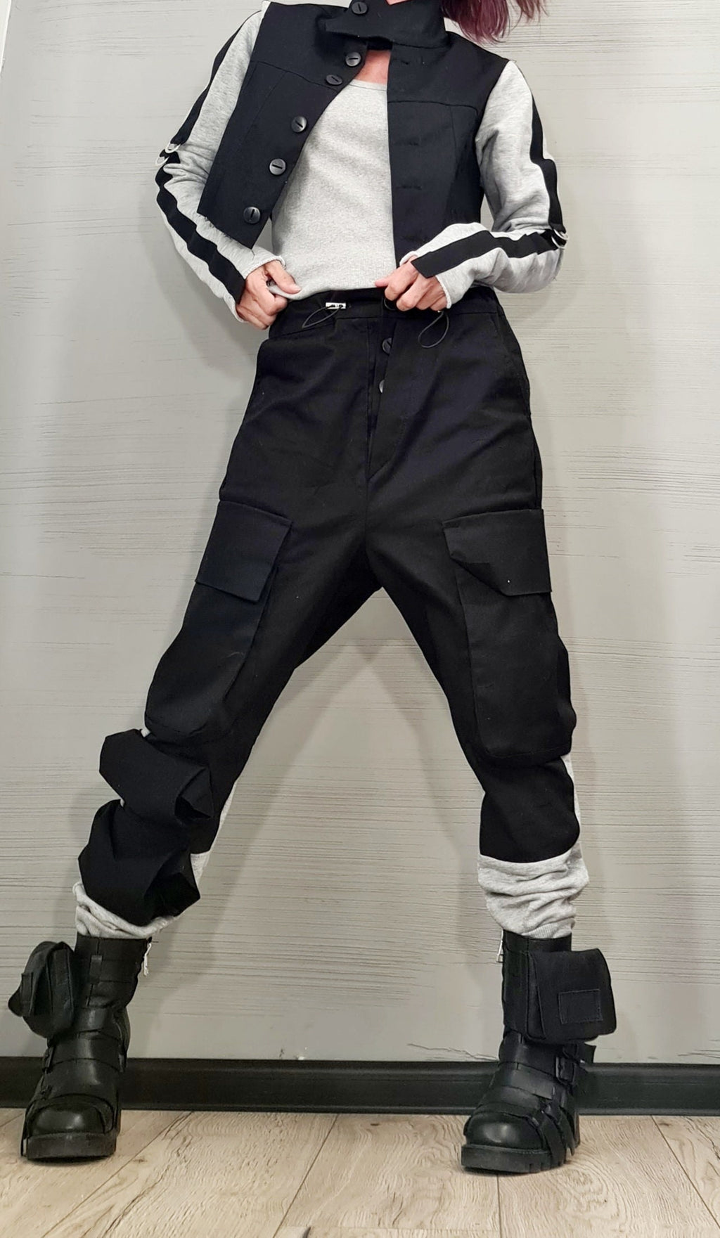 Black Cotton Harem Pants, Asymmetrical Jacket with Grey French Terry Sleeves, Two-Piece Co-Ord Set
