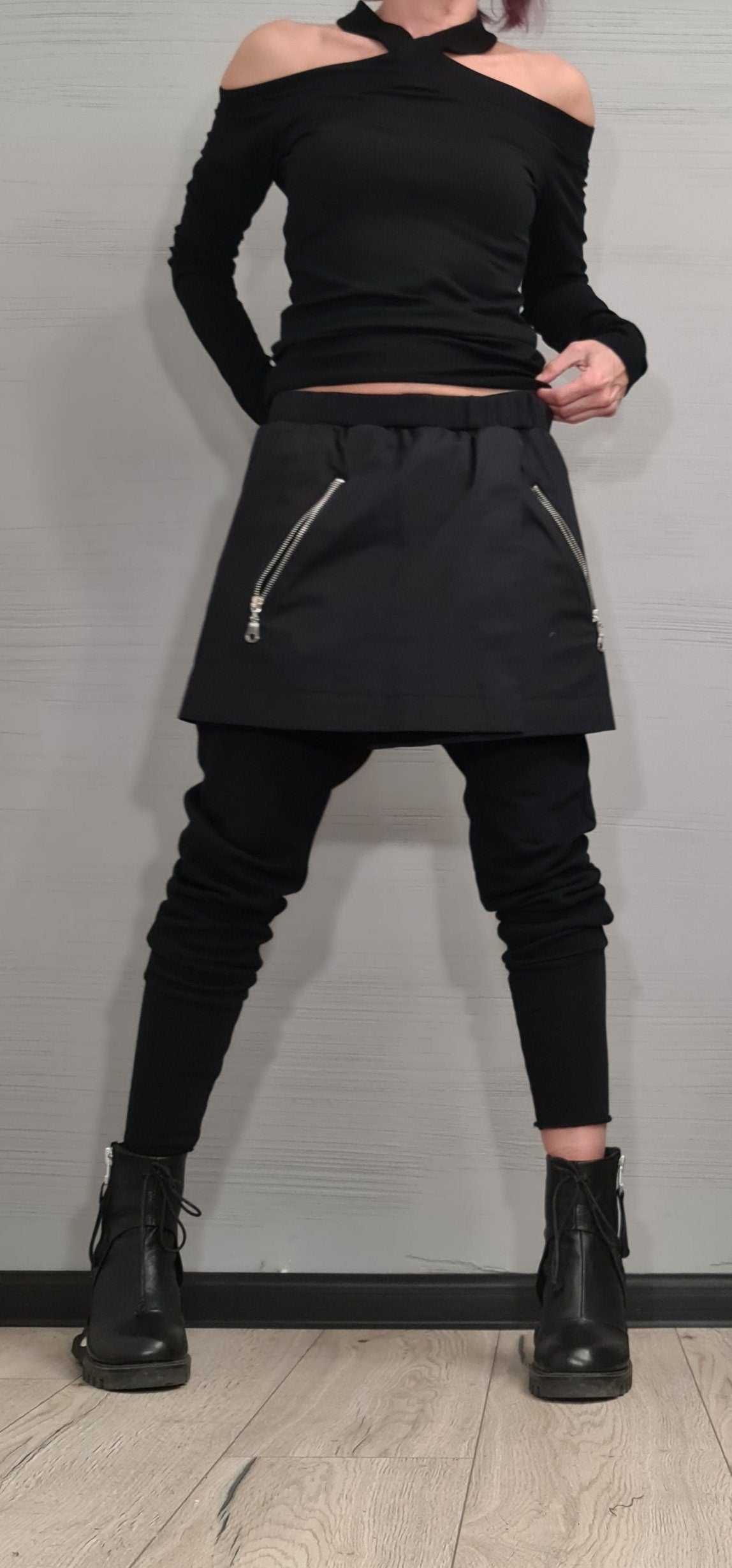Black French Terry Pants, Attached Skirt Panel, Zip Pocket Detail