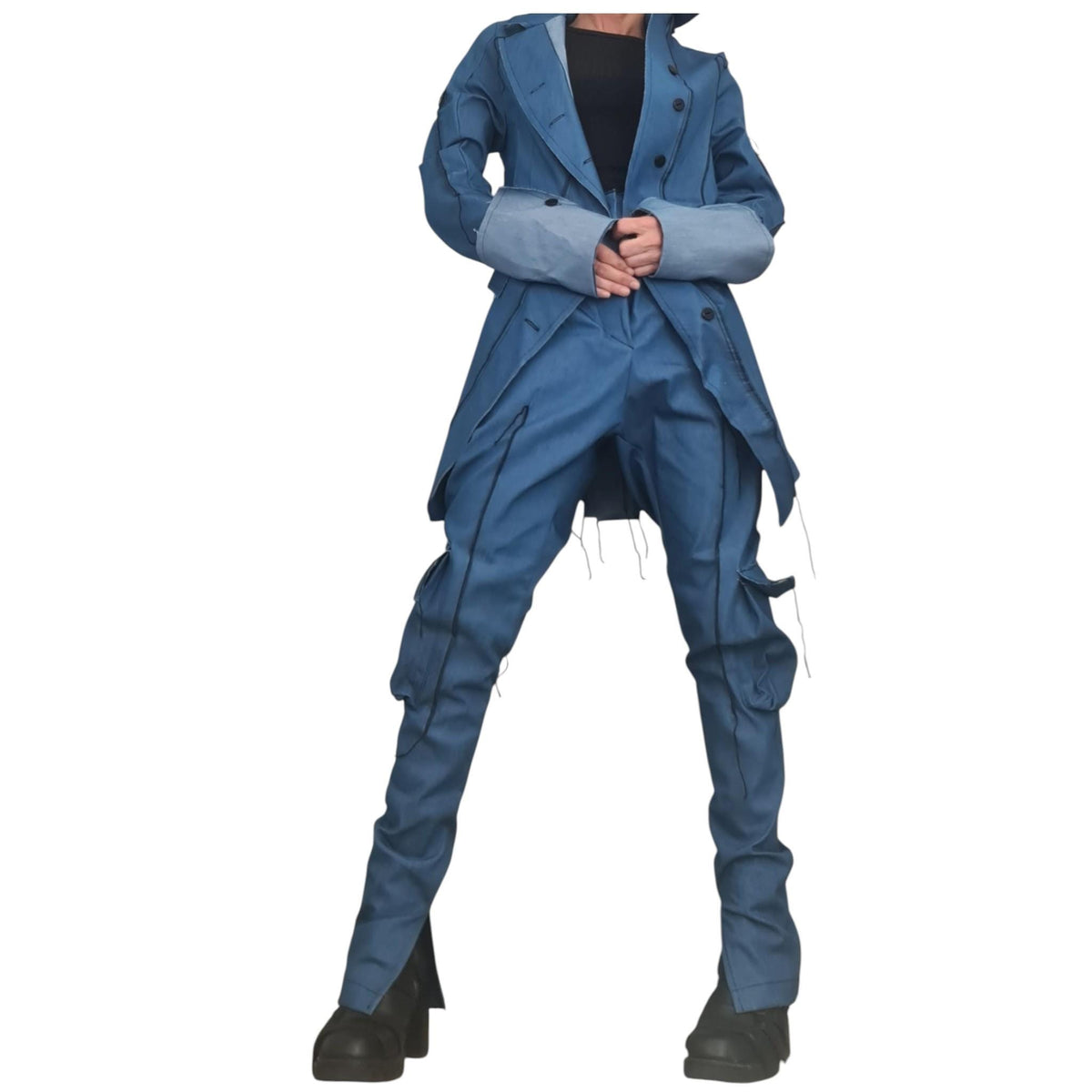Denim Avant Garde Set, Asymmetric Blazer and Cargo Pants, Deconstructed Extravagant Womens Clothing