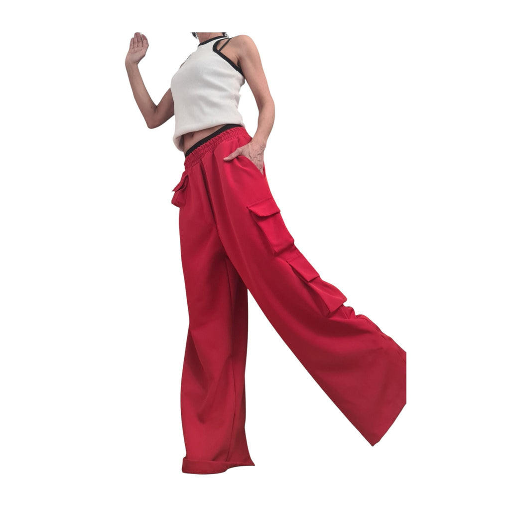 Red Cargo Trousers, Wide Leg, High Waist, Designer Bottoms