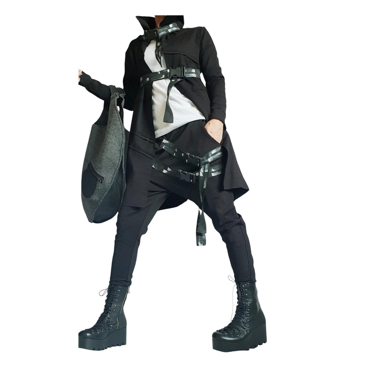 Black French Terry Drop Crotch Harem Pants, Asymmetrical Jacket with Decorative Straps, Co-Ord Set