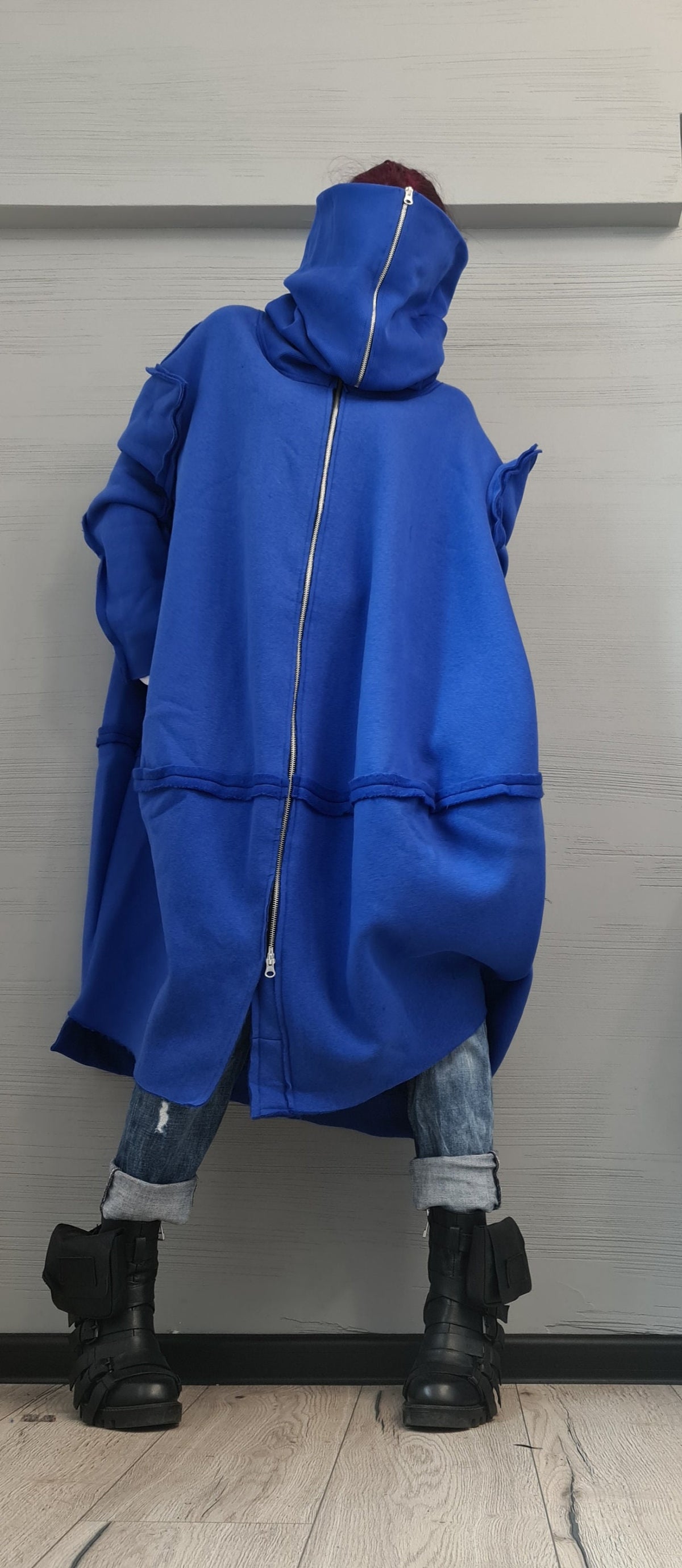 Royal Blue Oversized Cotton Jacket, Long Sweatshirt Coat with High Collar, Plus Size