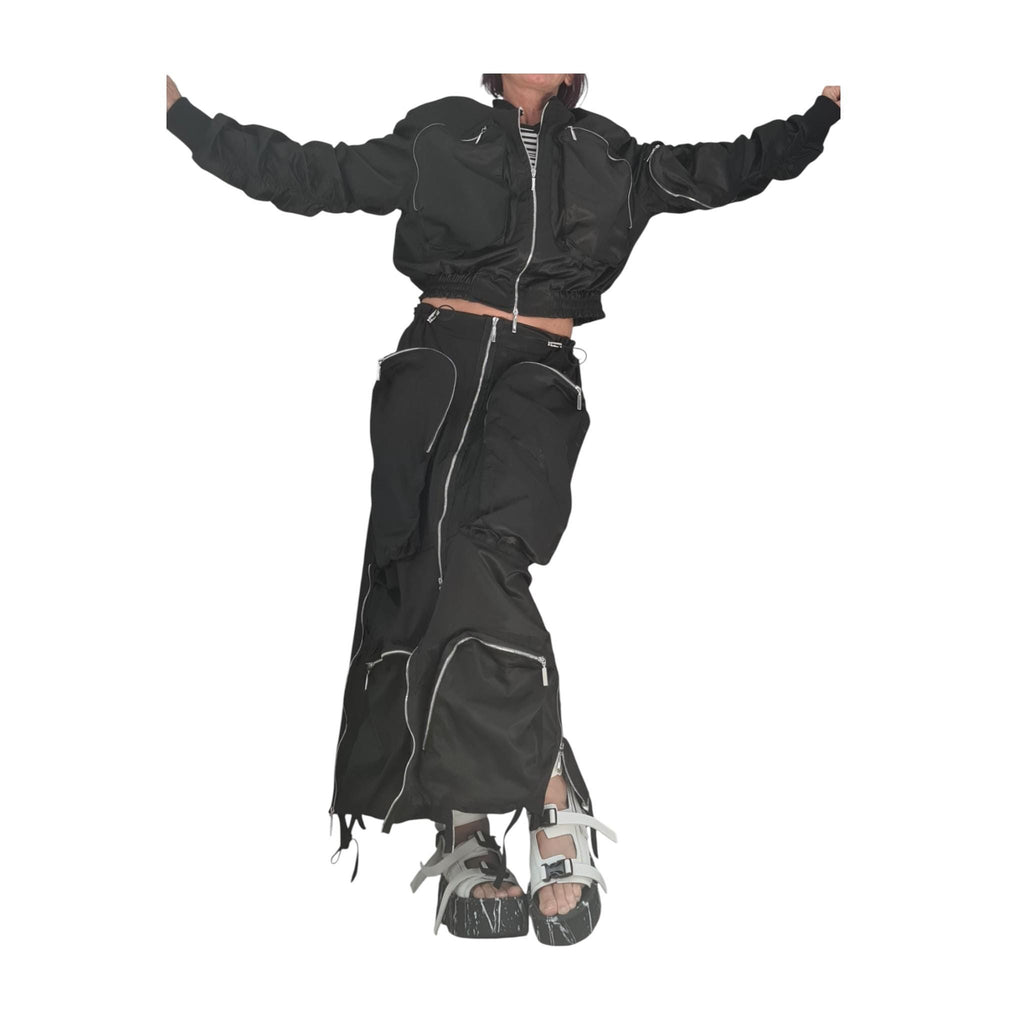 Black Cotton Sateen Cargo Maxi Skirt, Cropped Bomber Jacket, Zip Pockets, Two-Piece Co-Ord Set