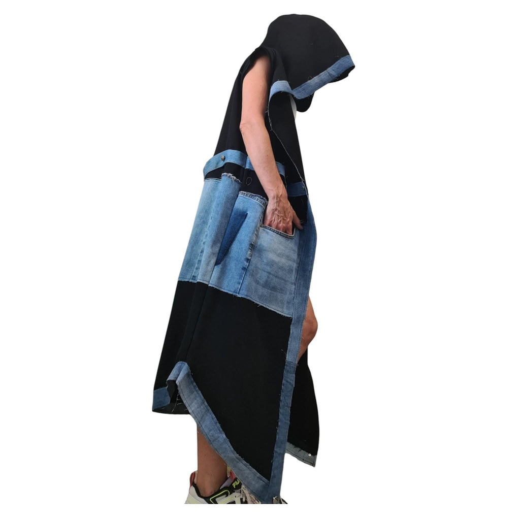 Gothic Denim Cotton Asymmetric Long Vest, Extravagant Maxi Style