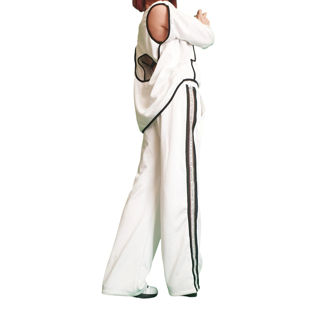 White Cotton French Terry Co-Ord Set, Open Back Blouse, Wide Leg Pants