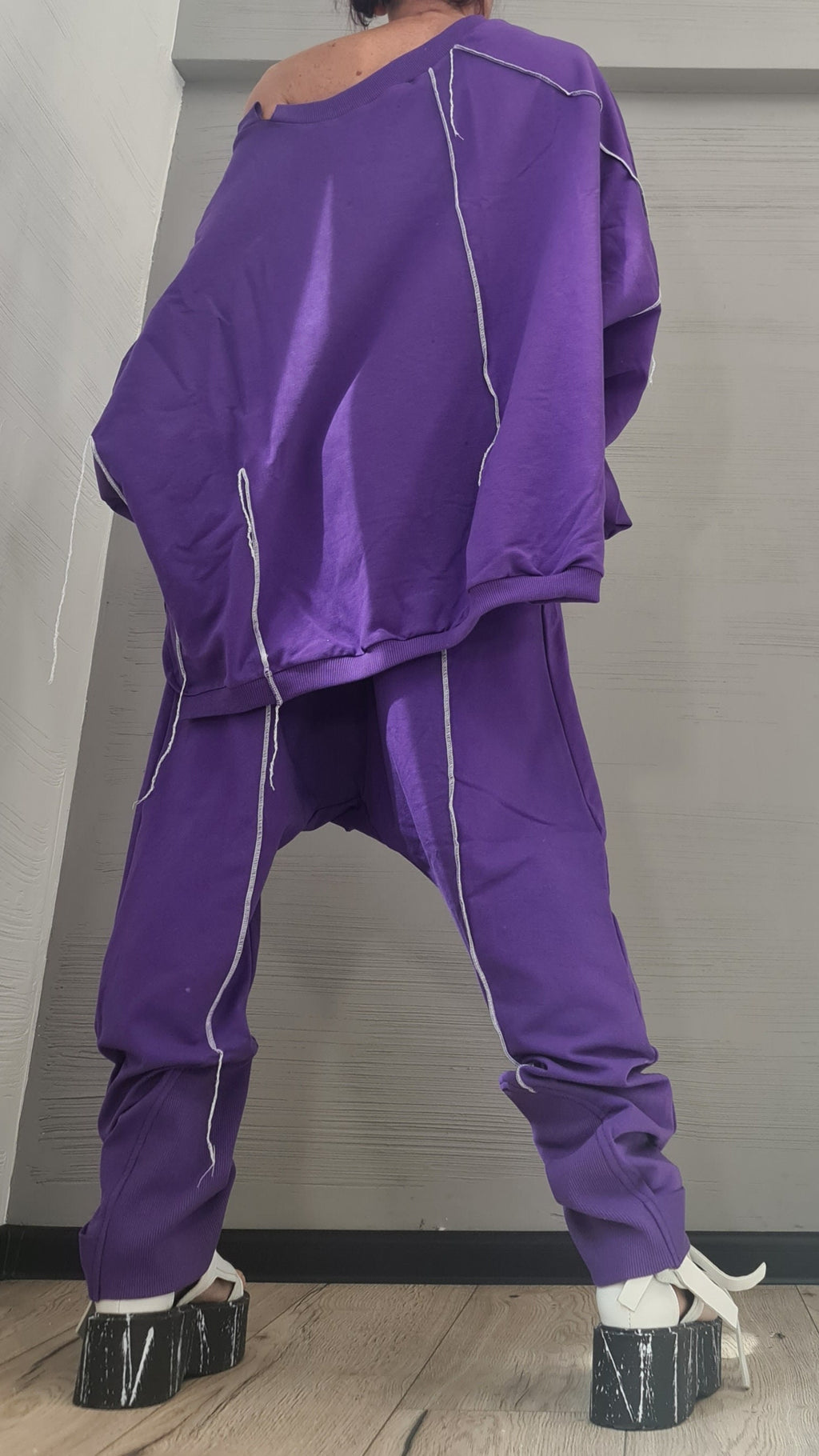 Grey Cotton Harem Pants Set, Asymmetrical Oversized Blouse, Women's Plus Size Loungewear Set