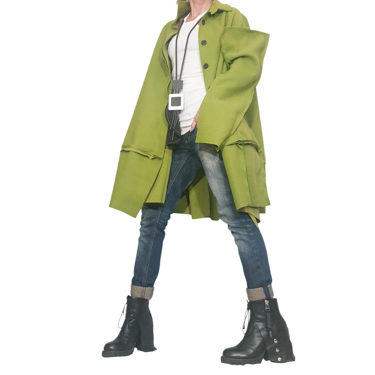 Pistachio Green Oversized Wool Coat, Plus Size Asymmetric Jacket, Deconstructed Sleeves