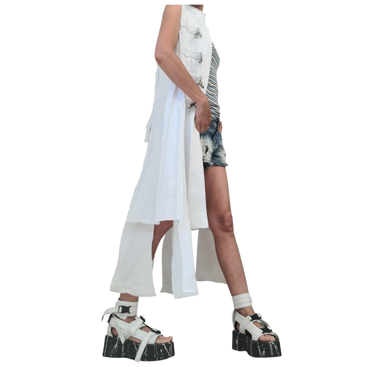 White Asymmetrical Maxi Vest, Sleeveless Cotton Longline Top, Buckle Straps