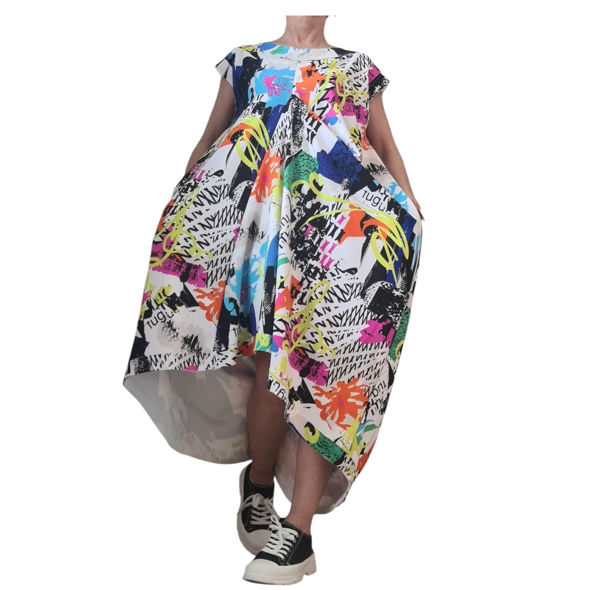 Avant Garde Graffiti Dress Women Asymmetric One Shoulder Oversized Pocket Cotton Dress