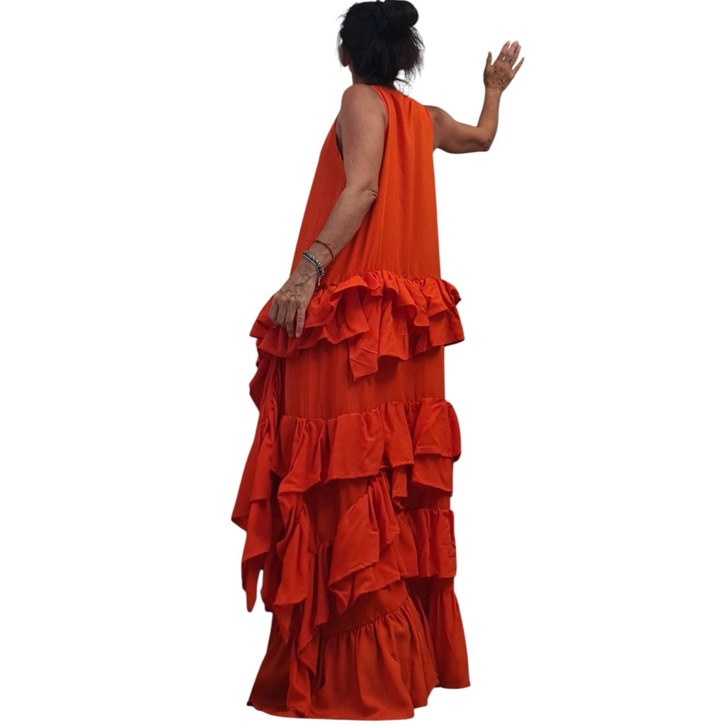 Orange Maxi Kaftan, Tiered Ruffle Dress, Sleeveless Resort Gown, Oversized Designer Clothing