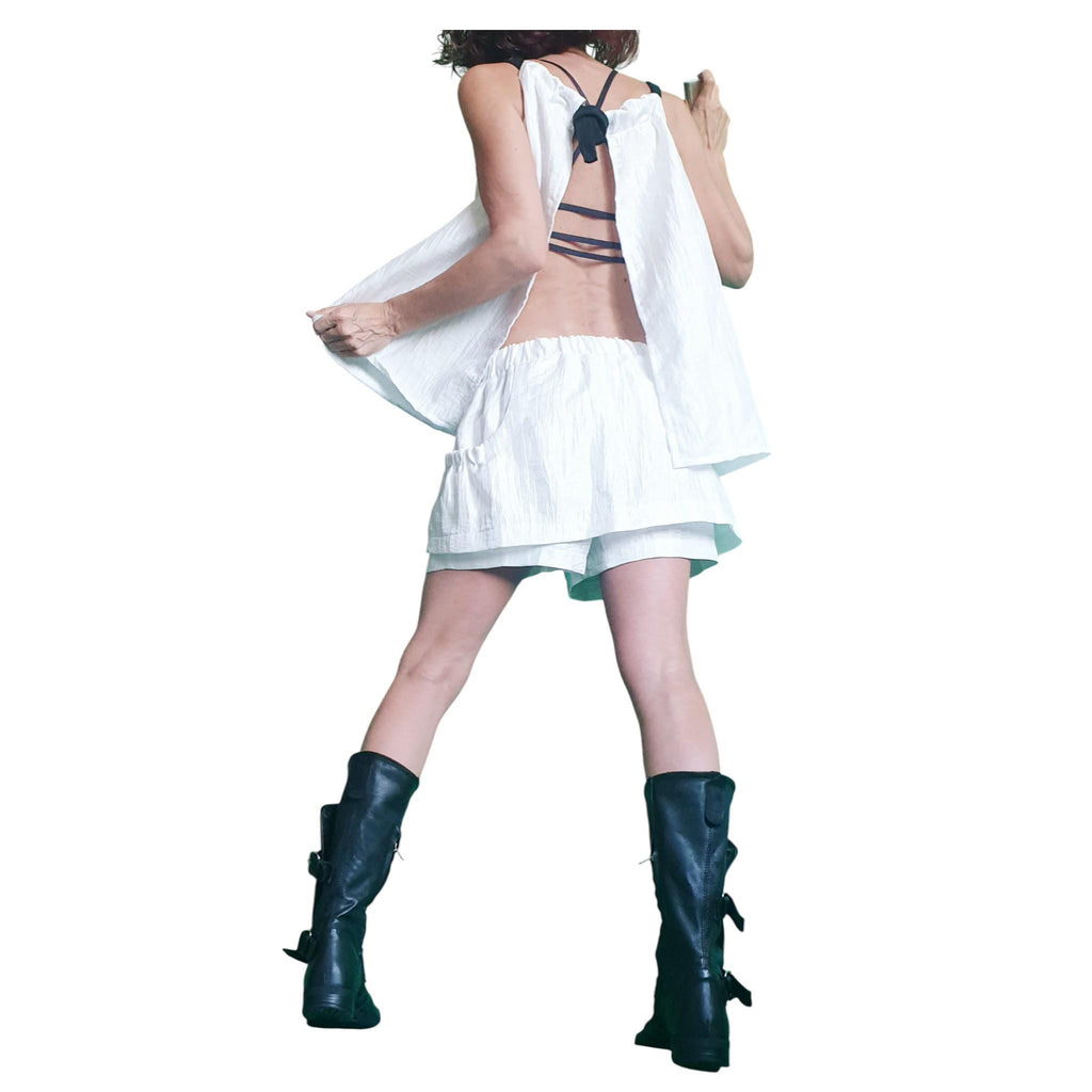 White Linen Two Piece Set, Open Back Top and Shorts Skirt