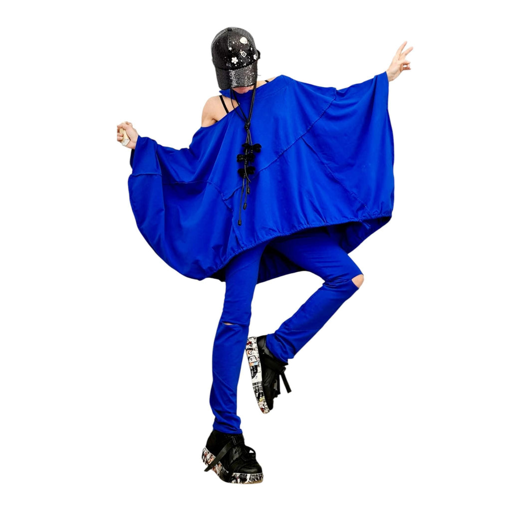 Royal Blue Cotton Leggings, Cutout Knees, Oversized Asymmetrical Draped Batwing Tunic, Two-Piece Co-Ord Set