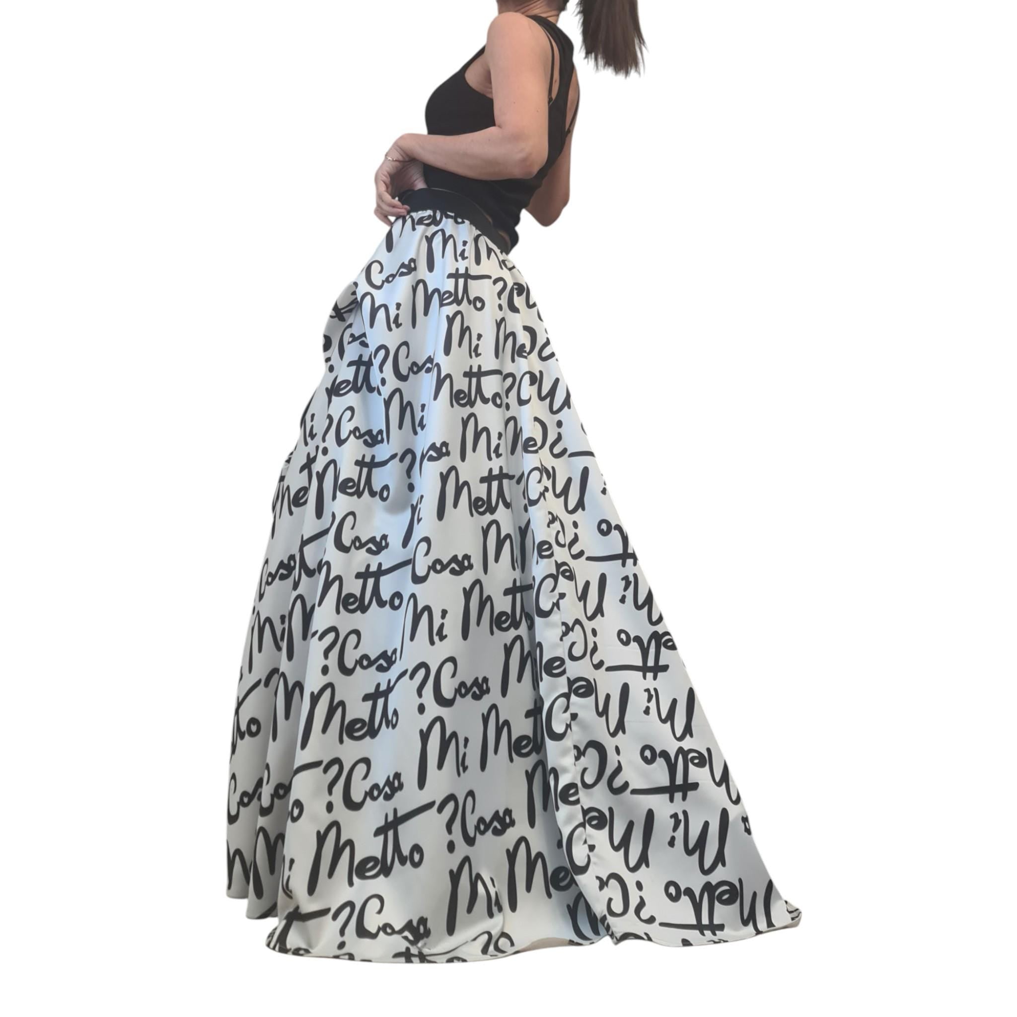 Extravagant Script Print Skirt Dress, Avant Garde Cotton Satin Tulle Maxi, Black White Transformable Gown with Drawstrings