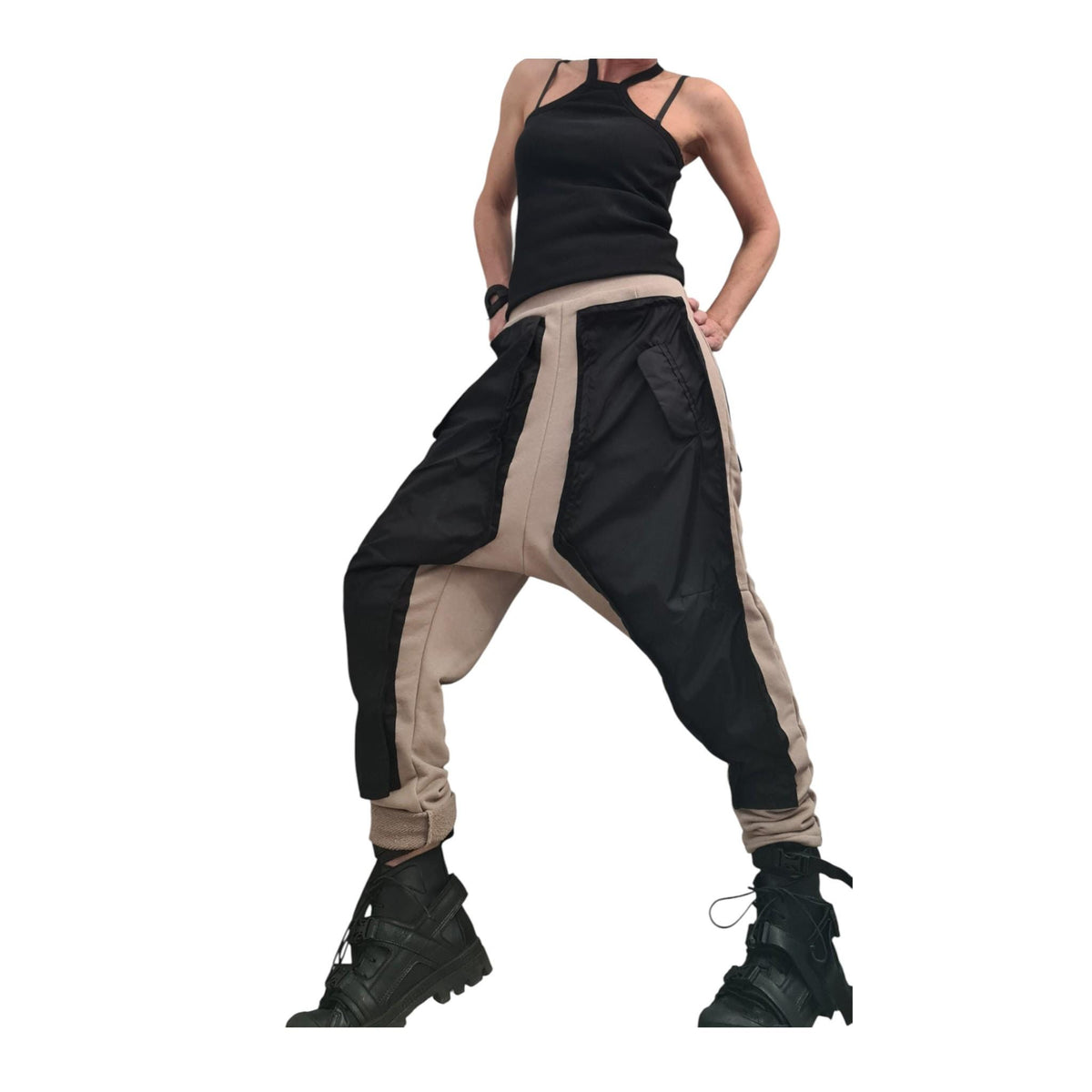 Fuchsia Harem Pants, Black Cargo Pockets, French Terry Tapered Leg Joggers