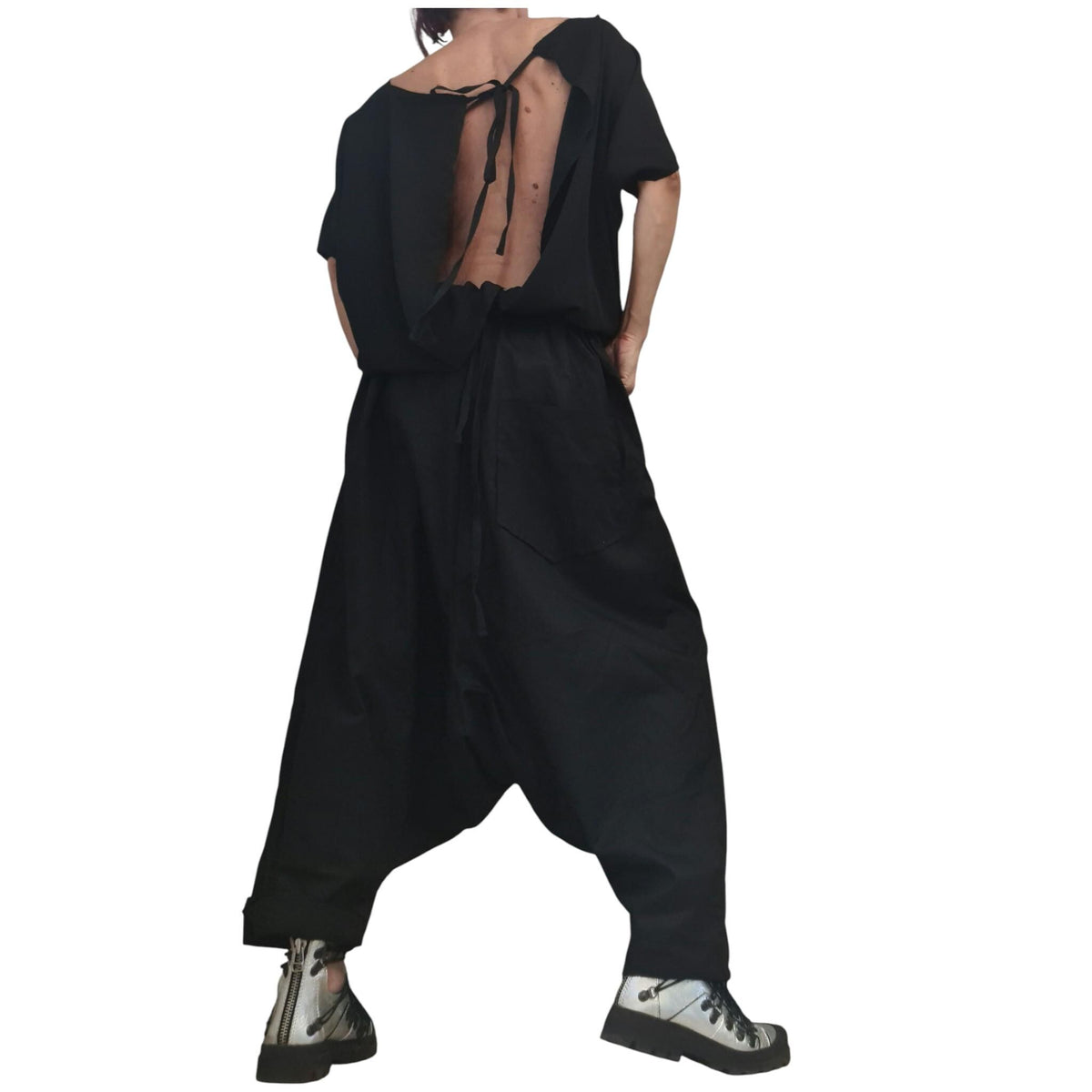 Black Gothic Harem Jumpsuit, Loose Drop Crotch Overall, Open Back Sleeveless Oversize Romper