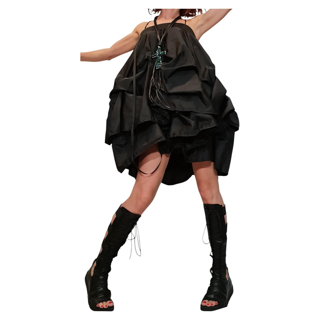 Black Layered Taffeta Skirt Dress, Adjustable Drawstrings, Voluminous Gothic Skirt, Avant Garde Steampunk