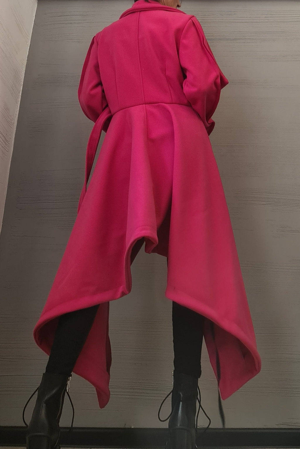 Hot Pink Asymmetric Wrap Coat, Plus Size Long Jacket, Short Back and Tie Belts