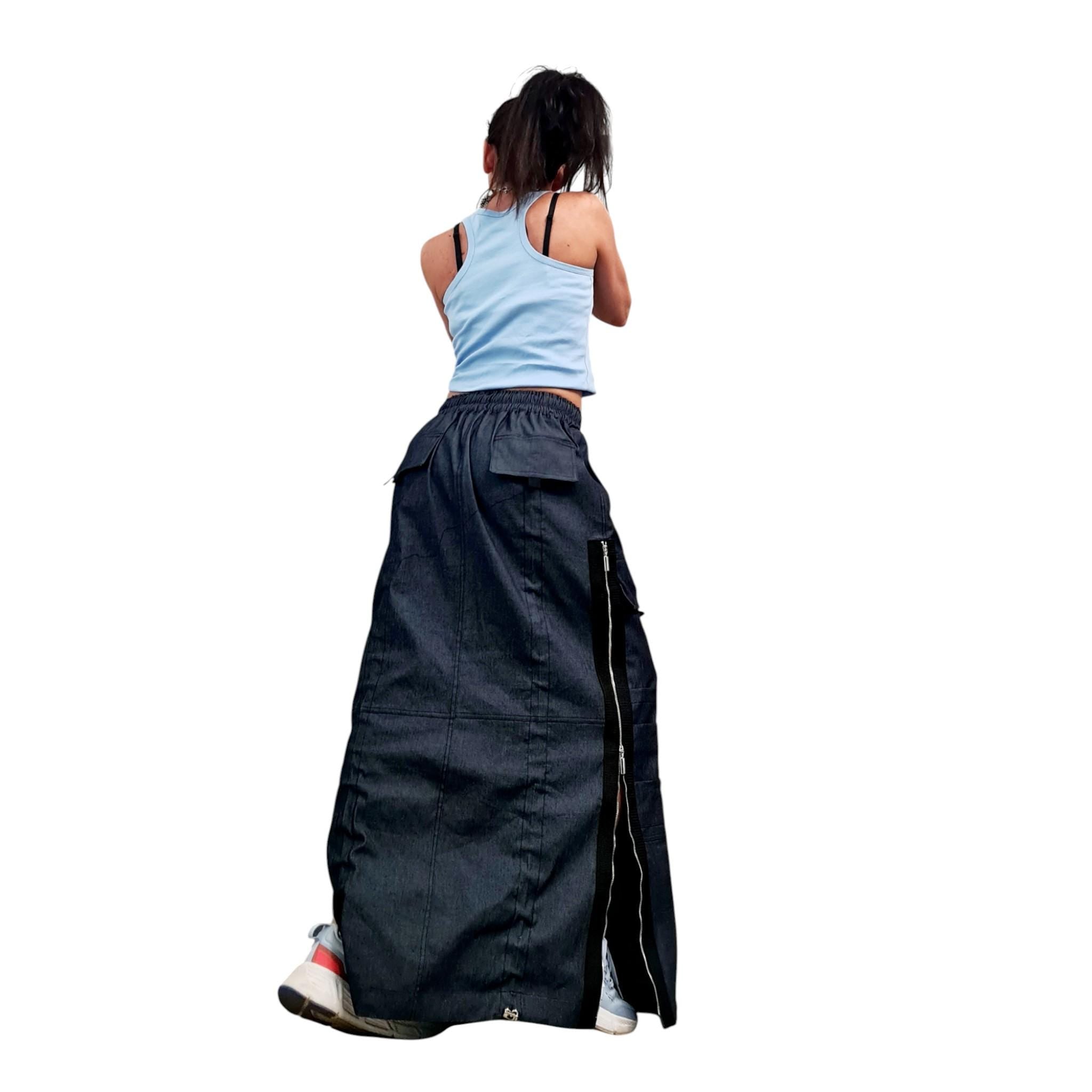 Extravagant Denim Maxi Skirt with Zippers, Cargo Pockets, Convertible Tube Dress, Avant Garde Festival Streetwear, Custom Made