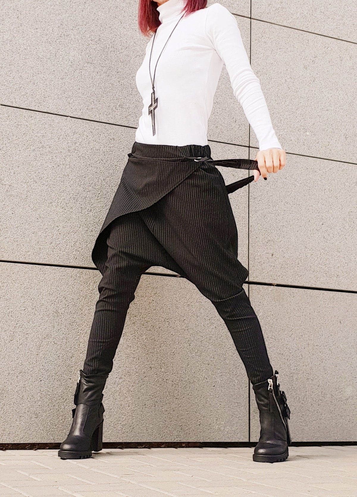 Black Pinstripe Harem Pants, Skirt Overlay, Tapered Leg, Decorative Suspenders