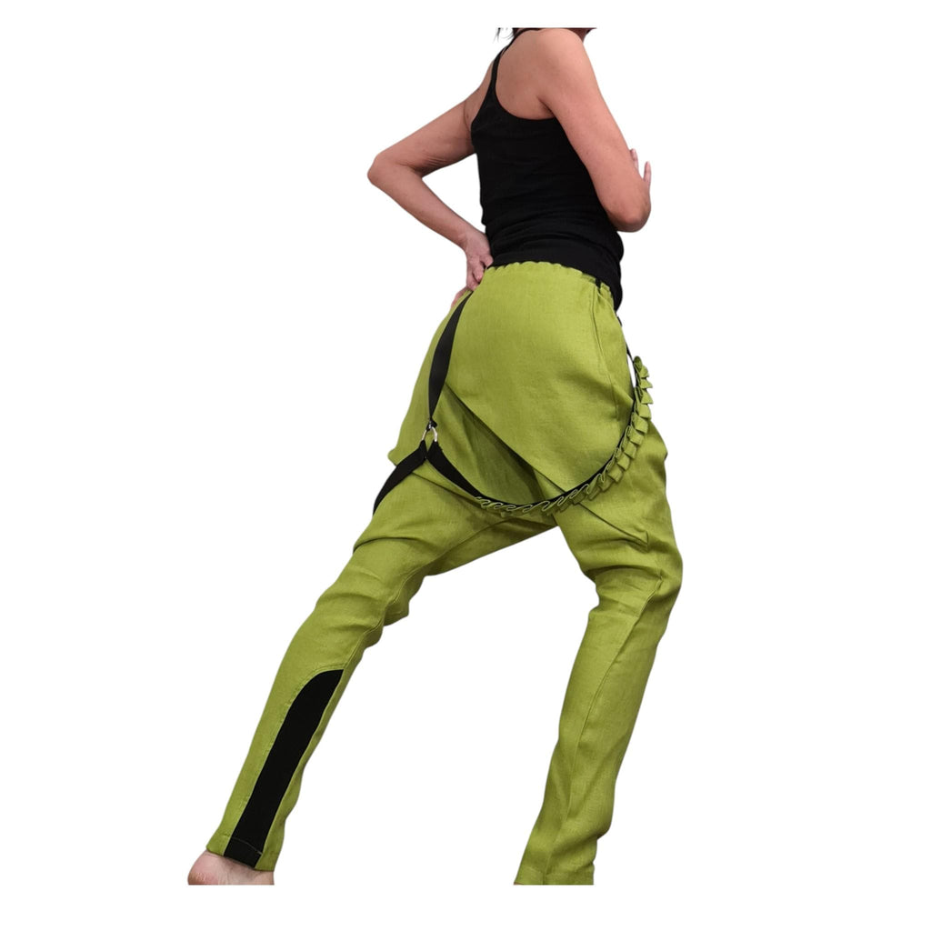 Pistachio Green Linen Pants for Women, Statement Drop Crotch Trousers with Straps, Handmade Clothing