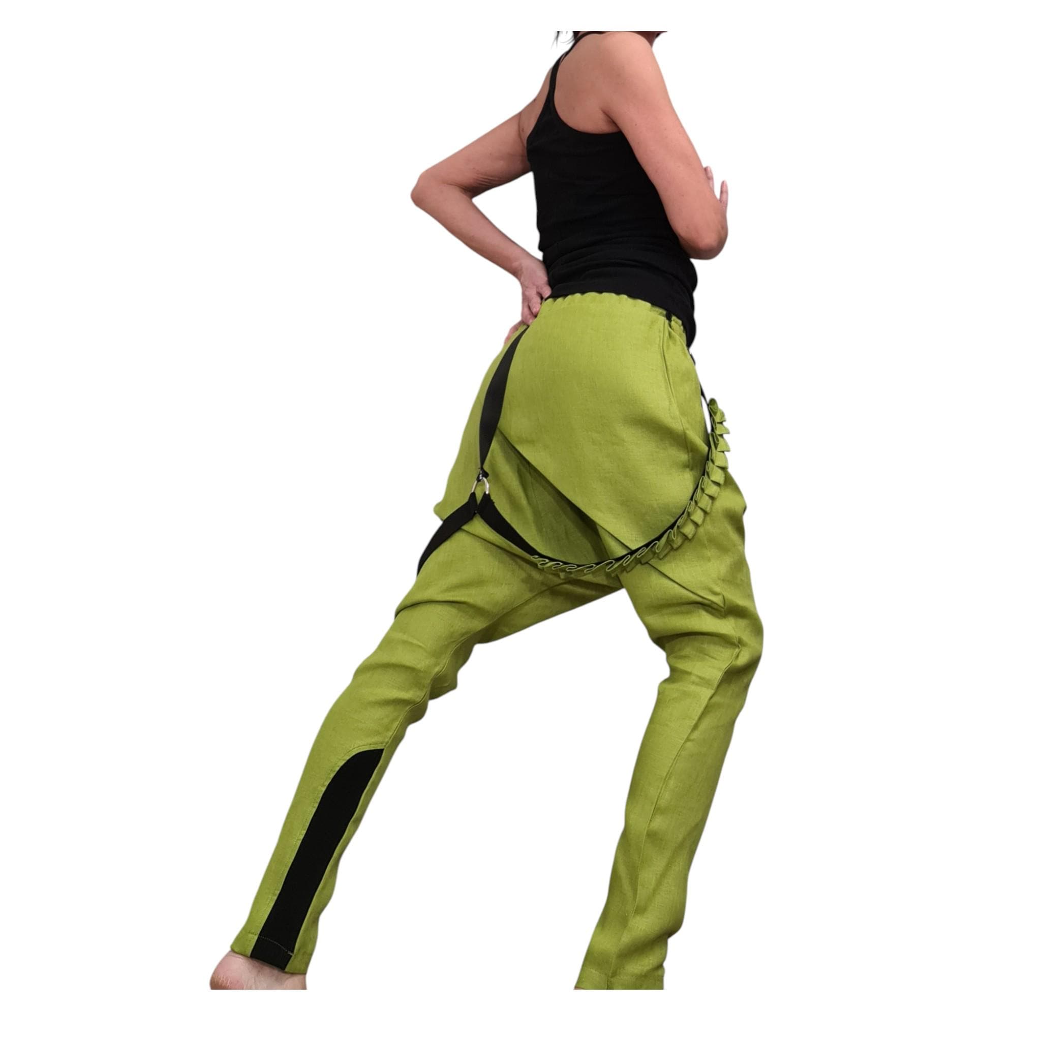 Pistachio Green Linen Pants for Women, Statement Drop Crotch Trousers with Straps, Handmade Clothing