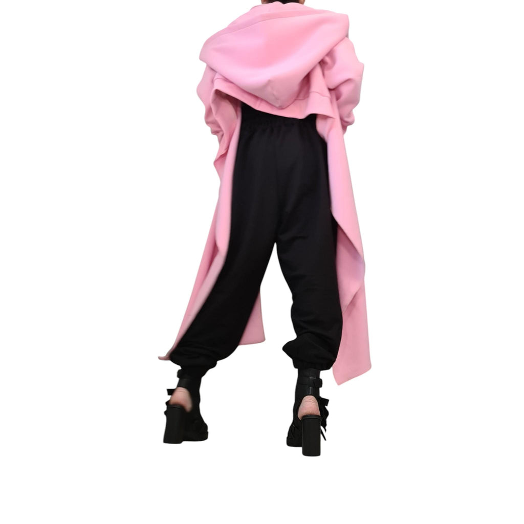 Pink Oversized Hoodie, Asymmetric Longline Sweatshirt, Plus Size Wraparound