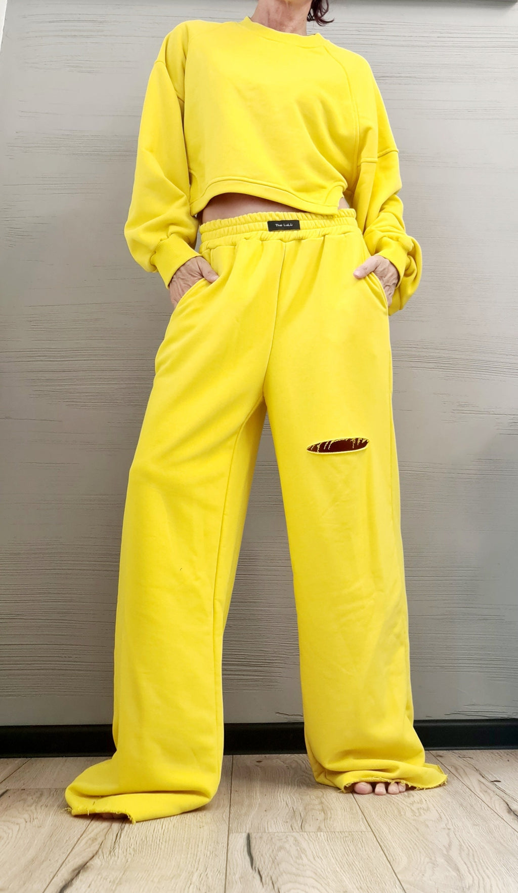 Yellow Cotton Wide-Leg Pants, Cropped Oversized Sweatshirt, Knee Cutout, Raw Hems, Two-Piece Co-Ord Set