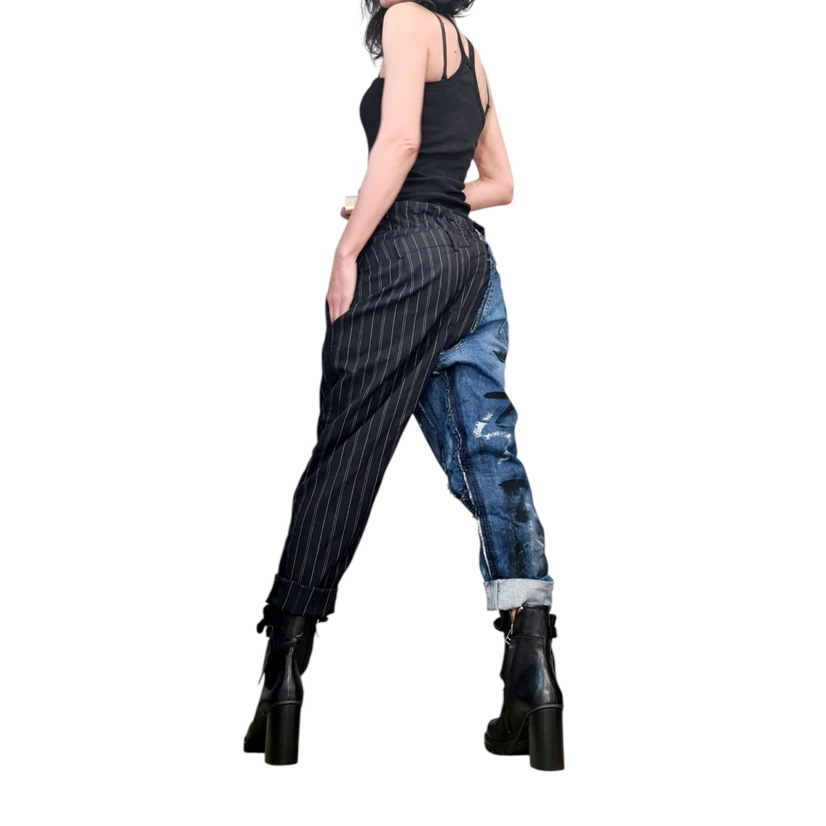 Asymmetric Patchwork Denim Pants, Mixed Fabric Trousers, Paint Splatter