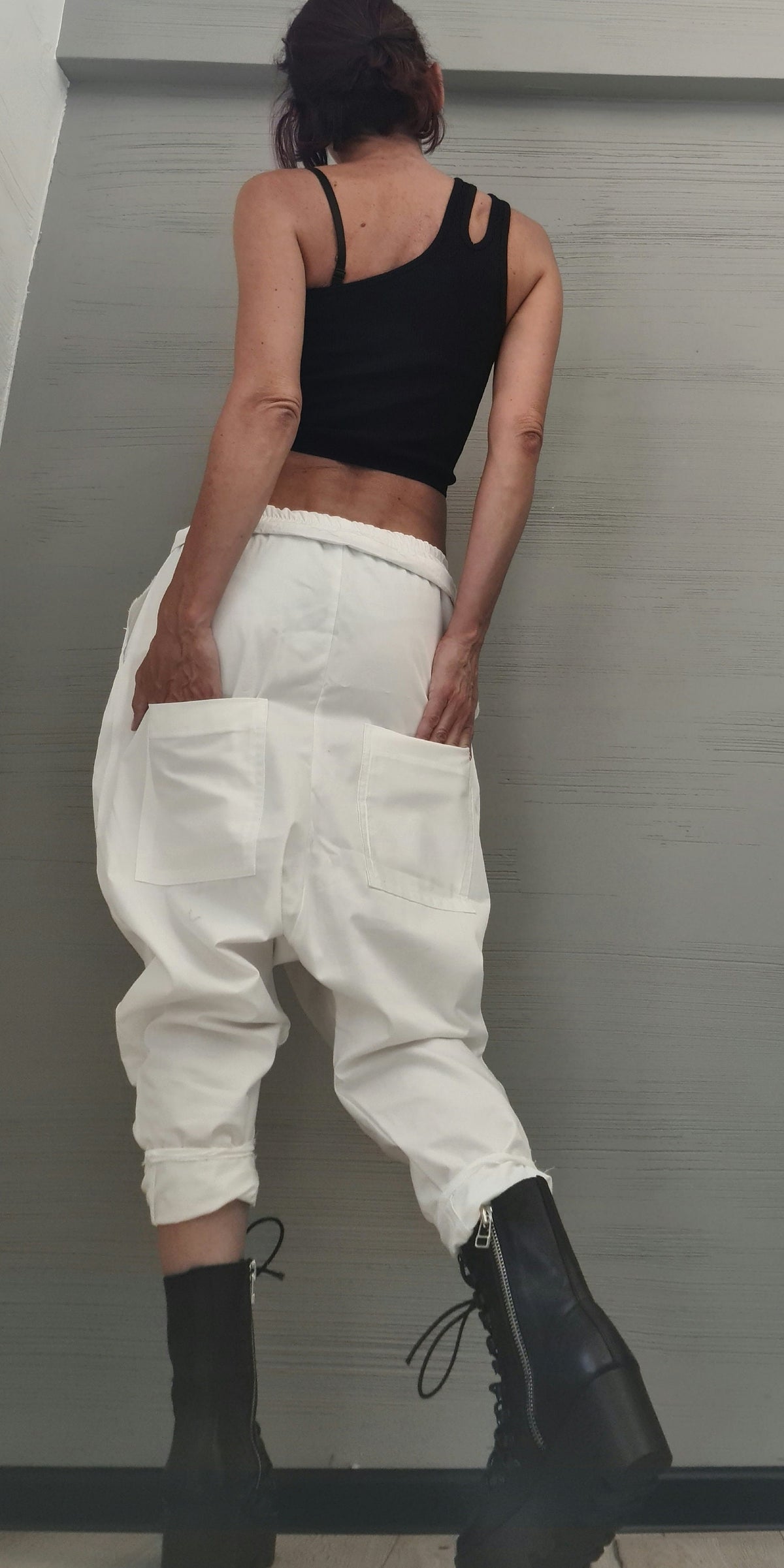 White Cotton Harem Trousers, Drop Crotch Pants