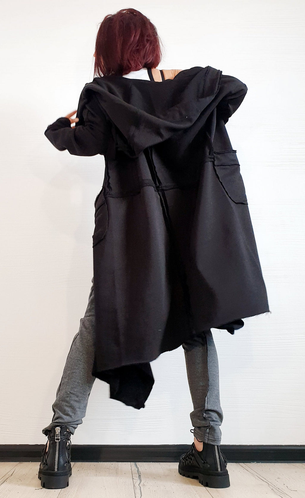 Black Asymmetric Cotton Sweatshirt, Long Hooded Oversized Jacket, Plus Size Coat, Exposed Seams