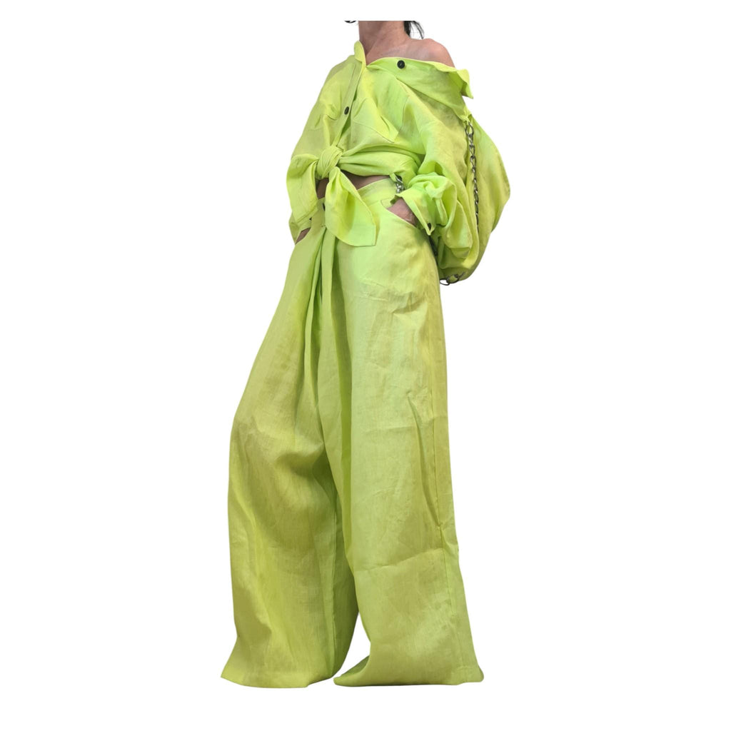Lime Linen Drop Crotch Pants Womens Avant Garde Harem Trousers Designer Clothing
