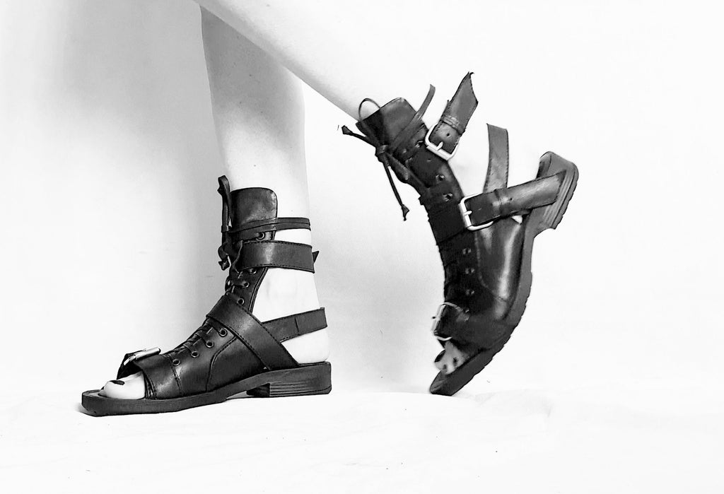 Gothic Gladiator Sandals, Black Leather Greek Style Shoes, Open Toe Summer Footwear